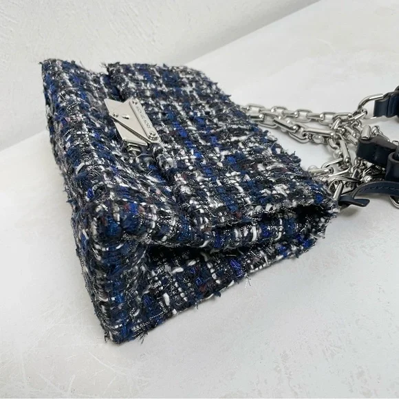 MICHAEL KORS Cece Tweed Small Shoulder Crossbody Satchel Bag Silver Chain Luxury - Picture 13 of 17